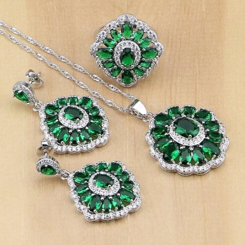 925 Sterling Silver Bridal Jewelry Green Stones White CZ Jewelry Sets For Women Wedding Earrings/Pendant/Necklace/Rings