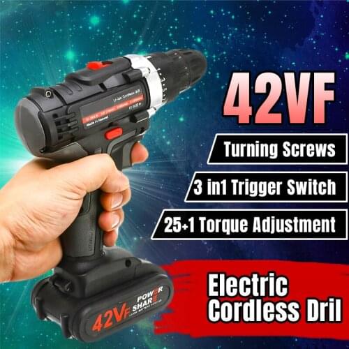 42V Cordless Electric Drill Rechargeable Battery Double Speed LED Screwdriver 25-Speed Torque Adjustment
