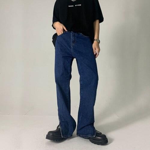 Streetwear Men Hip Hop Baggy Jeans Leg zipper side slits Navy Blue Jeans Mens Straight Leg Denim Jeans for Men Street wear Chic