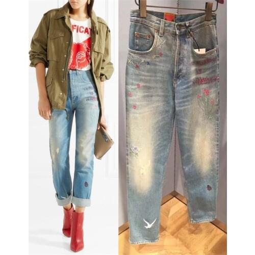 2021 spring/fall High Waist Vintage loose casual Jeans designer Womens Ripped Denim pants inscet embroidery Boyfriend knit jeans
