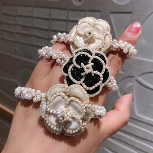 Korean Elegant Pearl Hair Tie Pearl Camellia Flower Horsetail Ties Hair Rope Headdress Woman Elastic Hair Bands Hair Accesories