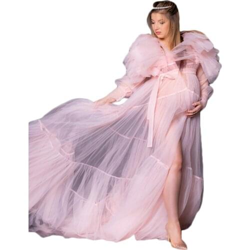 Elegant Customised Maternity Tulle Ruffles Floor Train Dresses Gown For Photoshoot Boudoir Lingerie Robe Bathrobe Nightwear