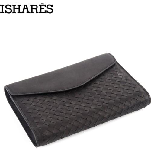 ISHARES woven genuine leather day clutches cow leather Magnetic buckle casual clutch men purses fashion cover closure IS5066