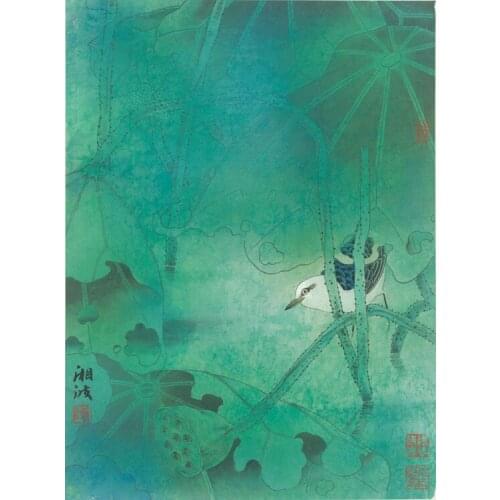 Chinese mint green lotus leaves bird scenery oil painting canvas printings printed on canvas home wall art decoration picture