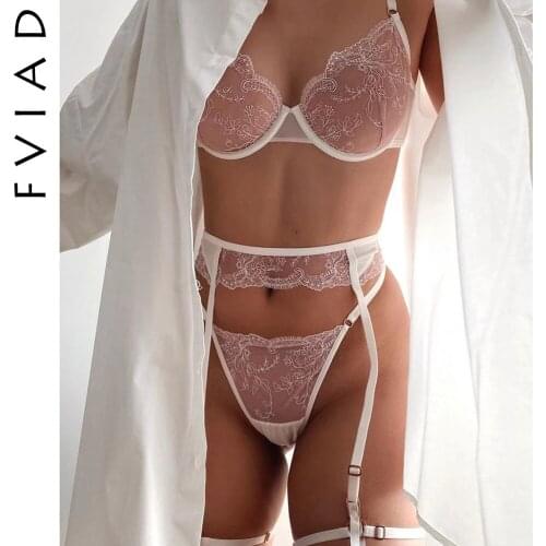 Ladies Sexy See-Through Lingerie Women Lace Eyelash Underwear Suit Erotic Gather Bra Panties Sling Three PCS Set With Steel Ring