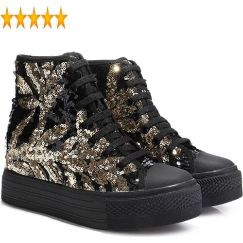 Hidden Spring Increasing New Women Heels Platform Hip Hop Sequined High Top Sneakers Casual Creeper Shoes Lace Up Pumps