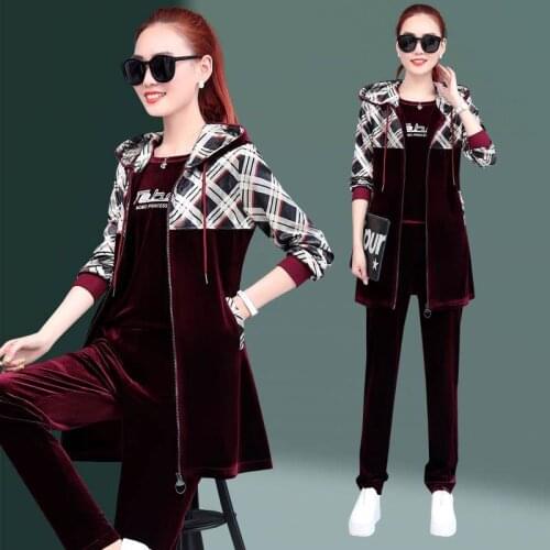 Fashion Casual Velvet Fabric Women Tracksuits Velour Suit Long jacket and Hoodies Tops and Sweat Pants 3 piece Set