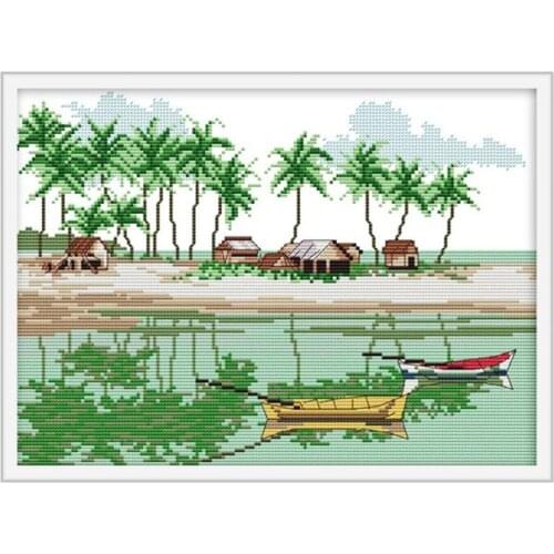 Home decoration painting cross stitch kit 11CT 14CT printed cloth seaside coconut tree boat scenery series DIY handmade embroide