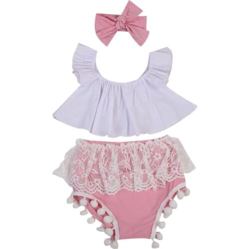 Newest Summer Infant Toddler Newborn Baby Girl Off-shoulder Top Pink Tassel Shorts Headband 3Pcs Outfit Fashion Clothes