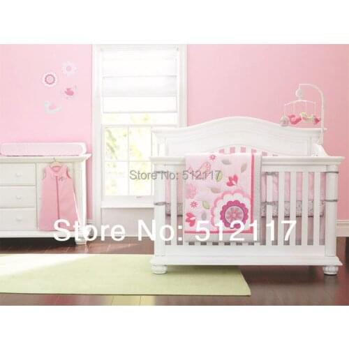New 7pcs Appliqued 3D Pink Birdie Flower Baby Cot Crib Bedding set for girl Comforter / Quilt Fitted Sheet Bumpers Skirt