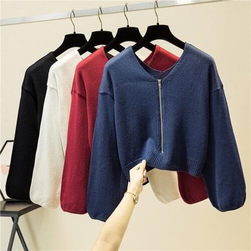 Autumn and Winter Zipper Womens Sweaters Fashion Lantern Sleeve Kintted Casual Woman Sweaters Solid Color Slim Fit Lady Sweaters