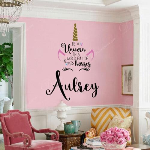 Personalized Name Unicorn Wall Stickers Vinyl Home Decor Kids Girls Room Bedroom Nursery Decals Cartoon Pattern Wallpaper 4296