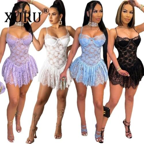 XURU New Womens Dress Sexy Lace Chest Rest Eyelash Dress Fold Adjustment Strap Dress European and American Womens Clothing
