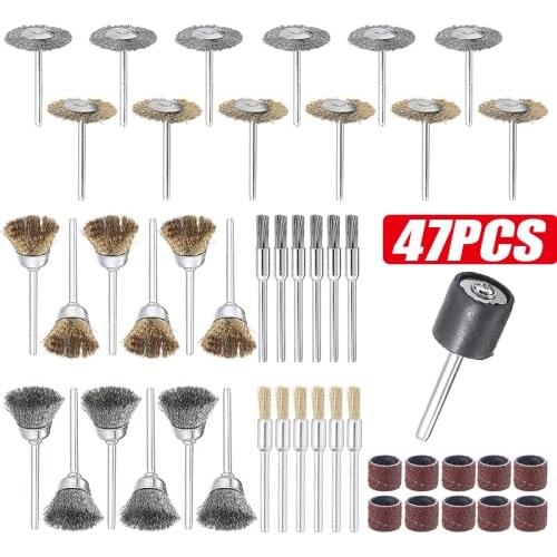 47pcs/set Polishing Brush Wheels With 1/2" Sand Circles Pole Quality Stainless Steel Brass Metal Rotary Polishing Wheel Brush