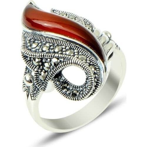 Silverlina Silver Marcasite & Agate Stone Ring
