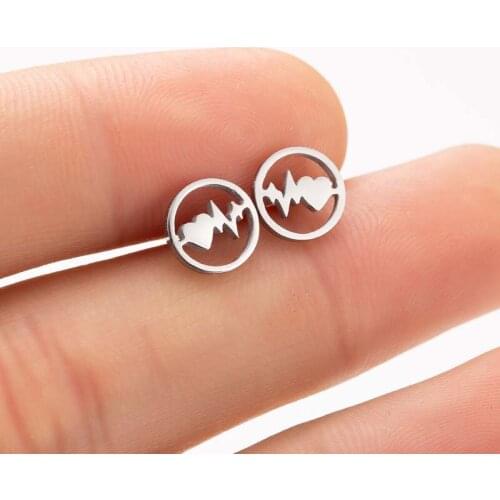 Stainless Steel ECG Heart Earrings Minimalist Circle Heartbeat Stud Earrings for Doctor Medical Jewelry