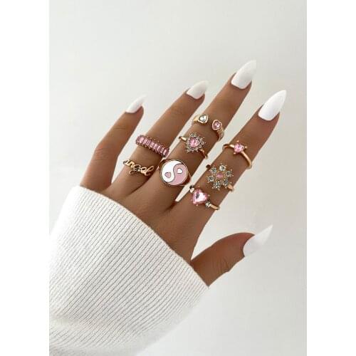 Stillgirl 8Pcs Kpop Tai Chi Crystal Gold Heart Rings for Women Punk Letter Pink Set Female Y2k Korean Fashion Jewelry Anillos