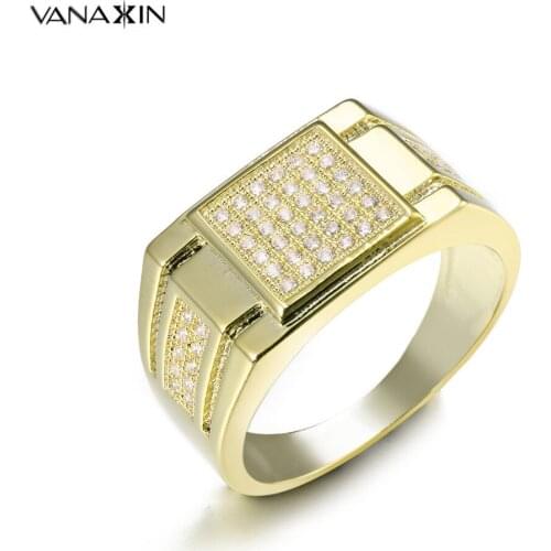 VANAXIN Rhinestone Iced Out Bling Square Ring Gold Color Rings For Men Jewelry Statement Ring Male Daily Gift Fashion Jewellery