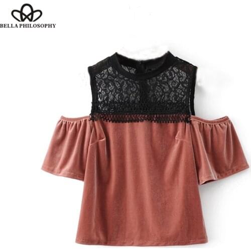 Bella Philosophy 2018 Autumn Blouse Shirt Women Strapless Hollow Out Velvet Short Sleeve Shirt Female Casual Tassel Tops