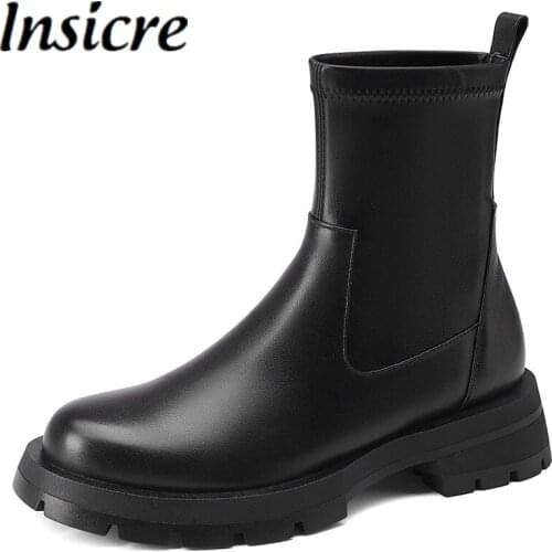 Insicre Cow + Pu Leather Round Toe Women Ankle Boots 2021 Classics Winter Shoes Low Heels Dark Brown Big Size 43 Elasticity