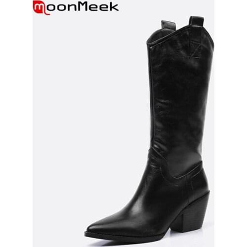 MoonMeek 2020 plus size 33-45 fashion mid calf boots pointed toe high heels ladies shoes pu leather solid color women boots