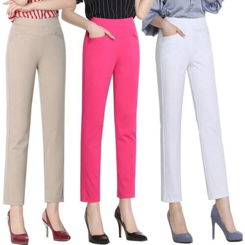 2019 Spring Summer Candy Color Women Pants High Elastic Waist Stretch Formal Straight Pants Plus Size Casual Nine Pants RE2501