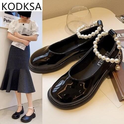 Round Head Shallow Mouth Pearl Single Shoes Womens Spring 2021 New Korean Style Low-heeled Thick-soled Buckle Student Small