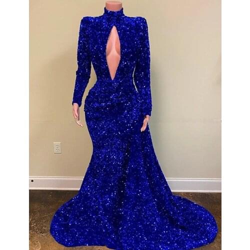 Blue Evening Dresses Mermaid High Collar Long Sleeves Sequins Sparkle Dubai Saudi Arabia Long Prom Dress Gown Robe De Soiree