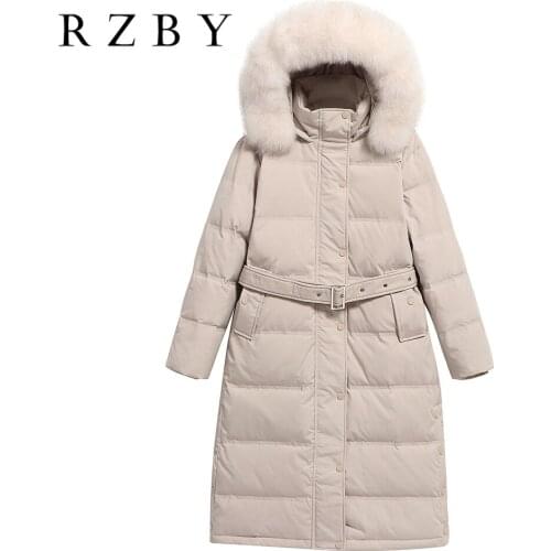 Women Winter White Duck Down Coat With Fur Collar Hooded Warm Thick Jacket With Belt 2021 New Solid Down куртка женская RZBY654