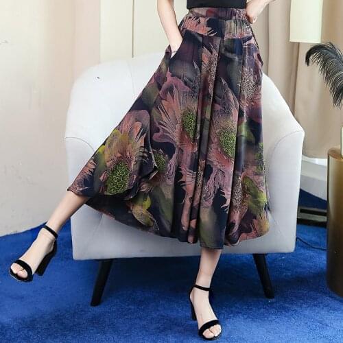 2021 Autumn Spring Print Womans Pants Plus Size Wide Leg Trousers for Female High Elastic Waist Ladies Skirt Pants with Pockets