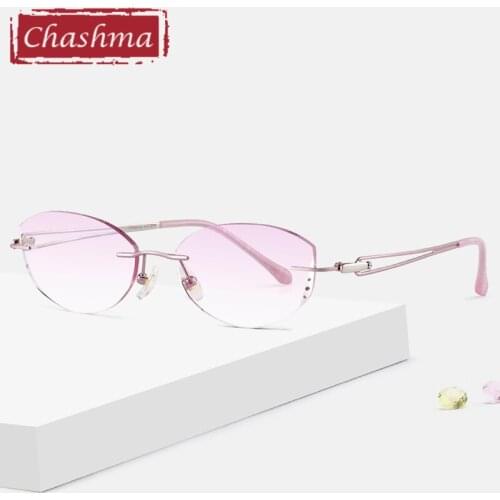 Chashma Colored Lenses Luxurious Titanium Prescription Glasses for Women Rhinestone Gradient Colored Lenses Rimless Frame