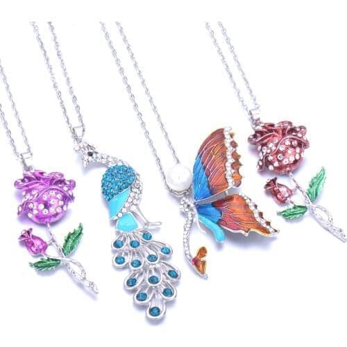 New Women Crystal Shiny Rose peacock butterfly Rhinoceros Long Chain Party Pendant Necklace Sweater Chain Fashion Jewelry