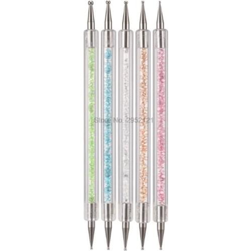 By dhl or ems 100sets 5pcs/set UV Gel Painting Nail Art Dotting Pen Acrylic Handle Rhinestones Crystal 2 Way Brush Tools Kit