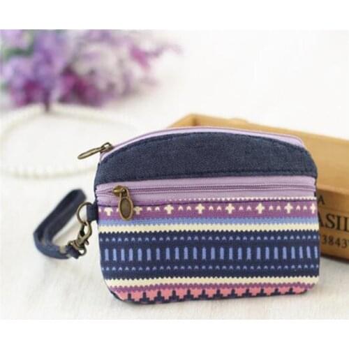 Ethnic Canvas Mini Wallet Women Double Zipper Coin Purses Children Coin Wallet For Girls Key Wallets