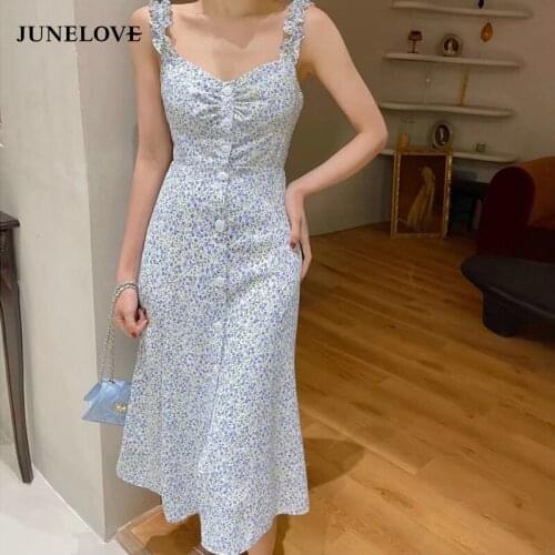 JuneLove Women Summer Print Floral Midi Dress Vintage Female Strapless Party Camisole Dress Casual Holiday Lady Boho Vestidos