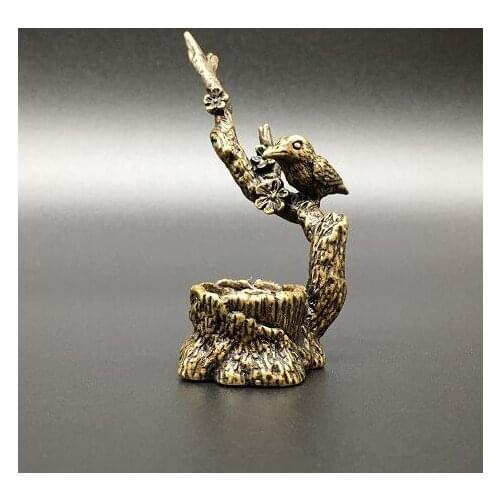 Chinese Brass Carved Magpie Plum Blossom Inverted Censer Small Statue Animal Statue Small Gift