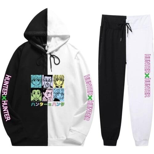 2021 Man Summer 2 Pieces Sets Anime Hunter X Hunter Print Patchwork Thin Hoodie+Patchwork Pants Fashion Streetswear Clothes