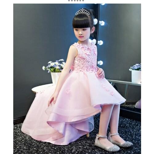 KICCOLY Elegant Trailing Girl Pink Lace Dress Appliques First Communion Dress Baby Girl Formal Wedding Dresses Flower Girl Gown