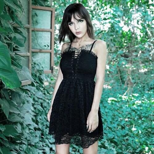 Summer Gothic Woman Dress Strap Sexy Black High Waist Female Mini Dress Splice Drawstring Slim Lace Backless Club Party Dress