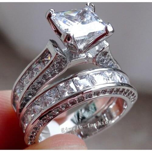 Fashion Jewelry Handmade Women fashion jewelry Cz 5A Zircon stone 14KT White Gold Filled Engagement Wedding Band Ring Set gift