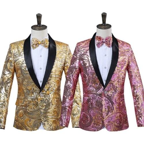 2018 Mens Pink Gold Flower Sequins Fancy Paillette Wedding Singer Stage Performance Suit Jacket Annual DJ Blazer With Bow Tie