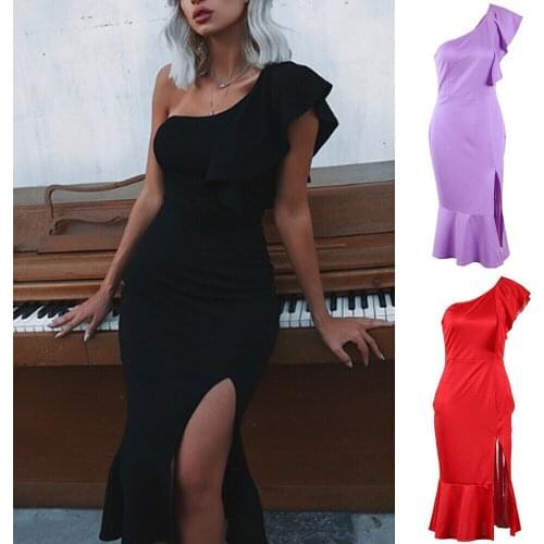 2019 Summer New Women Sexy One Shoulder Ruffled Bodycon Dress Evening Party Hem Female Dresses S-2XL