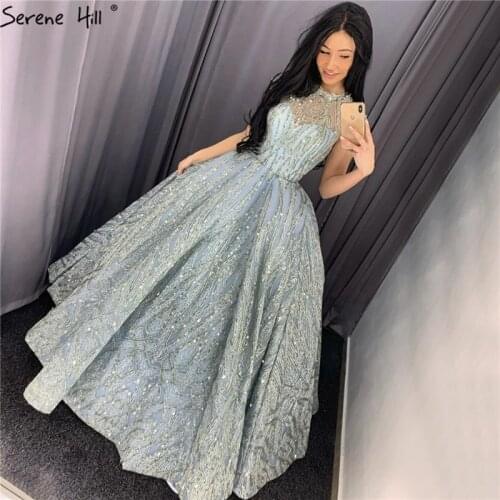 Clear Water Blue High Collar Evening Dresses 2021 Short Sleeve Lace Sequined Bridal Gowns Design Real Photo HM66981