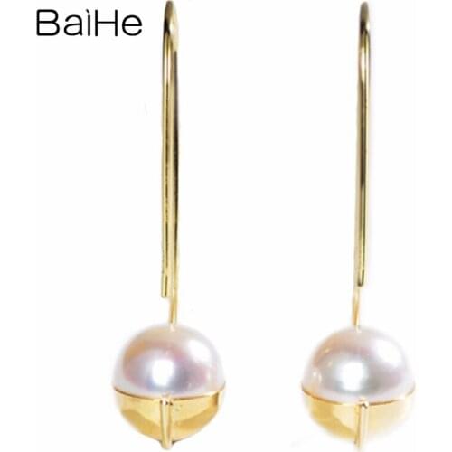 BAIHE Solid 14K Yellow Gold 7.5-8mm Round Freshwater Pearl Earrings for Women Wedding Trendy Fine Jewelry серьги 2020 тренд