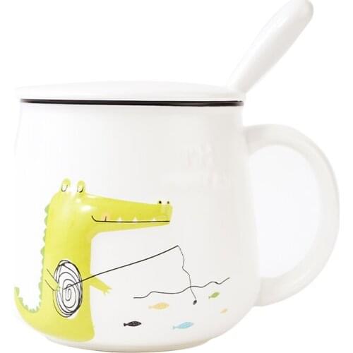 Cute Embossed Dinosaur Ceramic Cup with Cover Spoon Coffee Breakfast Milk Tea Cup Water Cup Ceramic Coffee Mug Drinkware Gift