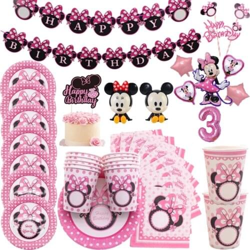 Disney Minnie Mouse Theme Birthday Party Supplies Cup Plate Kids Girl Birthday Party Decoration Disposable Tableware Set
