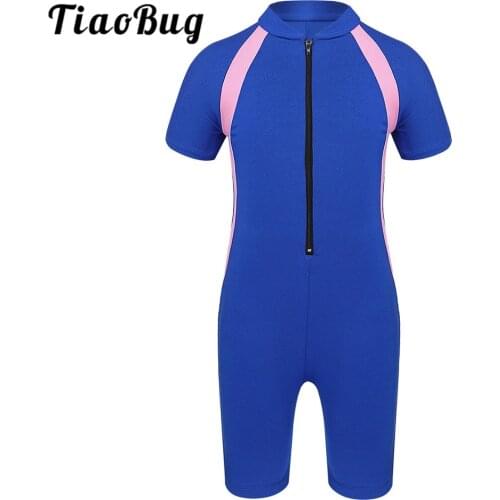TiaoBug Summer Kids Girls One-piece Swimsuit Short Sleeves Zippered Wetsuit Swimwear Bathing Suit Child Beachwear Shorty Suits