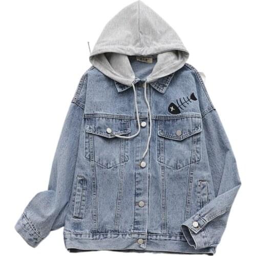 Cartoon Embroidery Hooded Women Denim Jacket Coat 2021 Autumn Full Sleeve Single Breasted Casual Korean Ladies Pocket Outwear