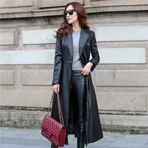 Women Quality 2020 High PU Leather Jacket Slim Long Trench Coat Female Black WinterJackets Jaqueta Couro Feminina WXF274