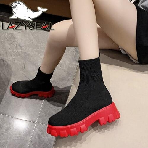 LazySeal Socks Shoes 5cm Chunky Heel Stretch Fabric Women Ankle Boots Round Toe Solid Color Casual Platform Booties Big Size 42